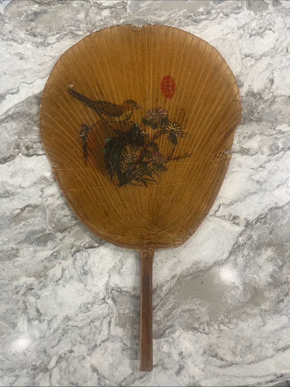 Vintage Japanese uchiwa non folding  Fan with Bird & Floral Motif -